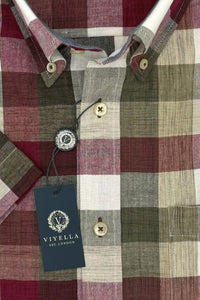 Cotton Madras Short Sleeve Cotton Sport Shirt in Burgundy, Sage, and Cream Plaid by Viyella