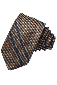 Mocha, Navy, and Latte Herringbone Double Bar Stripe Silk, Linen, and Cotton Woven Jacquard Tie by Dion Neckwear
