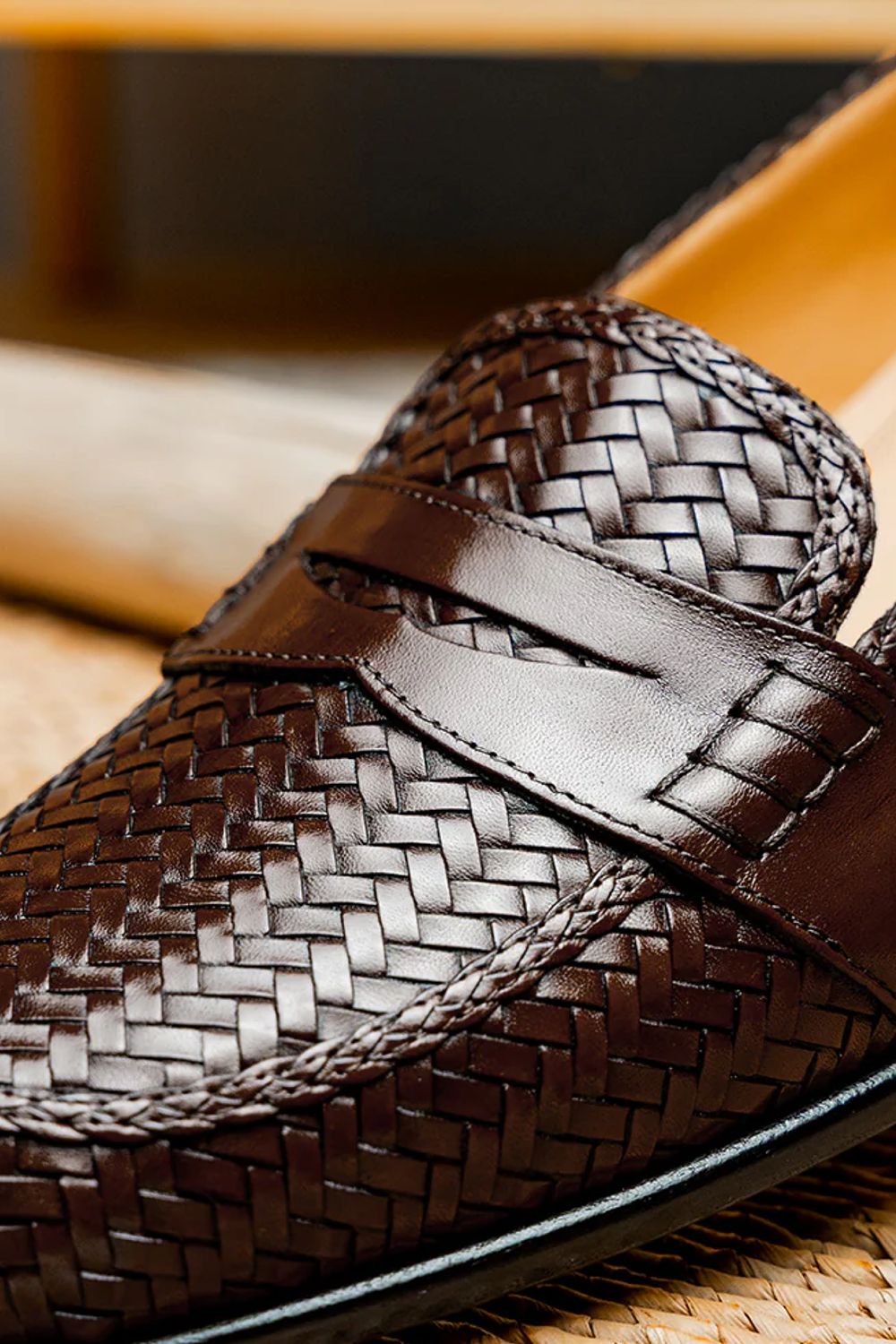 Nicola Woven Italian Calfskin Penny Loafer in Dark Brown by Zelli Italia