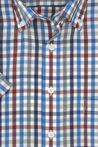 Blue, Red, and Grey Multi Plaid Woven Short Sleeve No-Iron Cotton Sport Shirt with Button Down Collar by Leo Chevalier