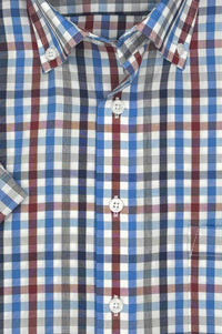 Blue, Red, and Grey Multi Plaid Woven Short Sleeve No-Iron Cotton Sport Shirt with Button Down Collar by Leo Chevalier