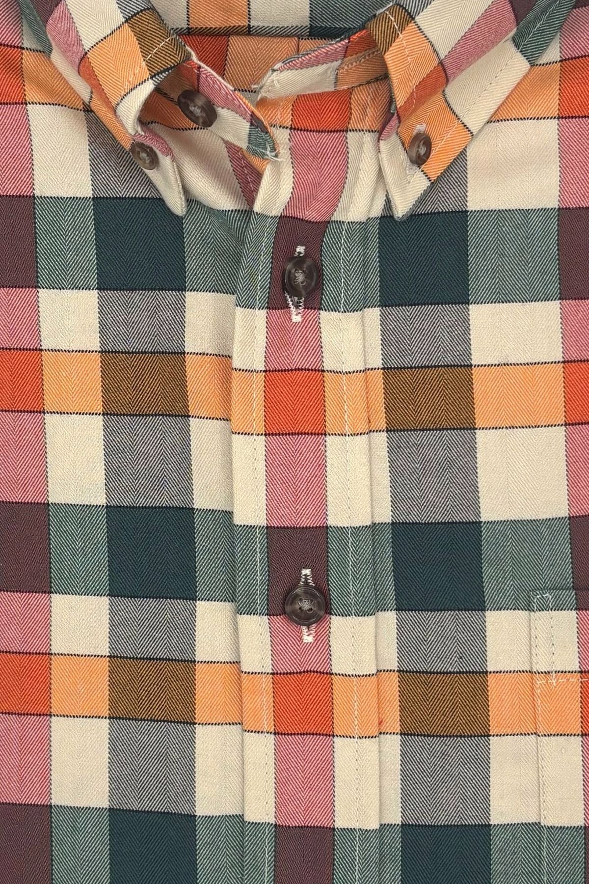 Hunter, Orange, and Red Herringbone Multi Plaid Cotton and Cashmere Blend '1894 Authentics' Button-Down Shirt by Viyella