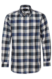 Navy Herringbone Plaid Cotton and Wool Blend Button-Down Shirt by Viyella