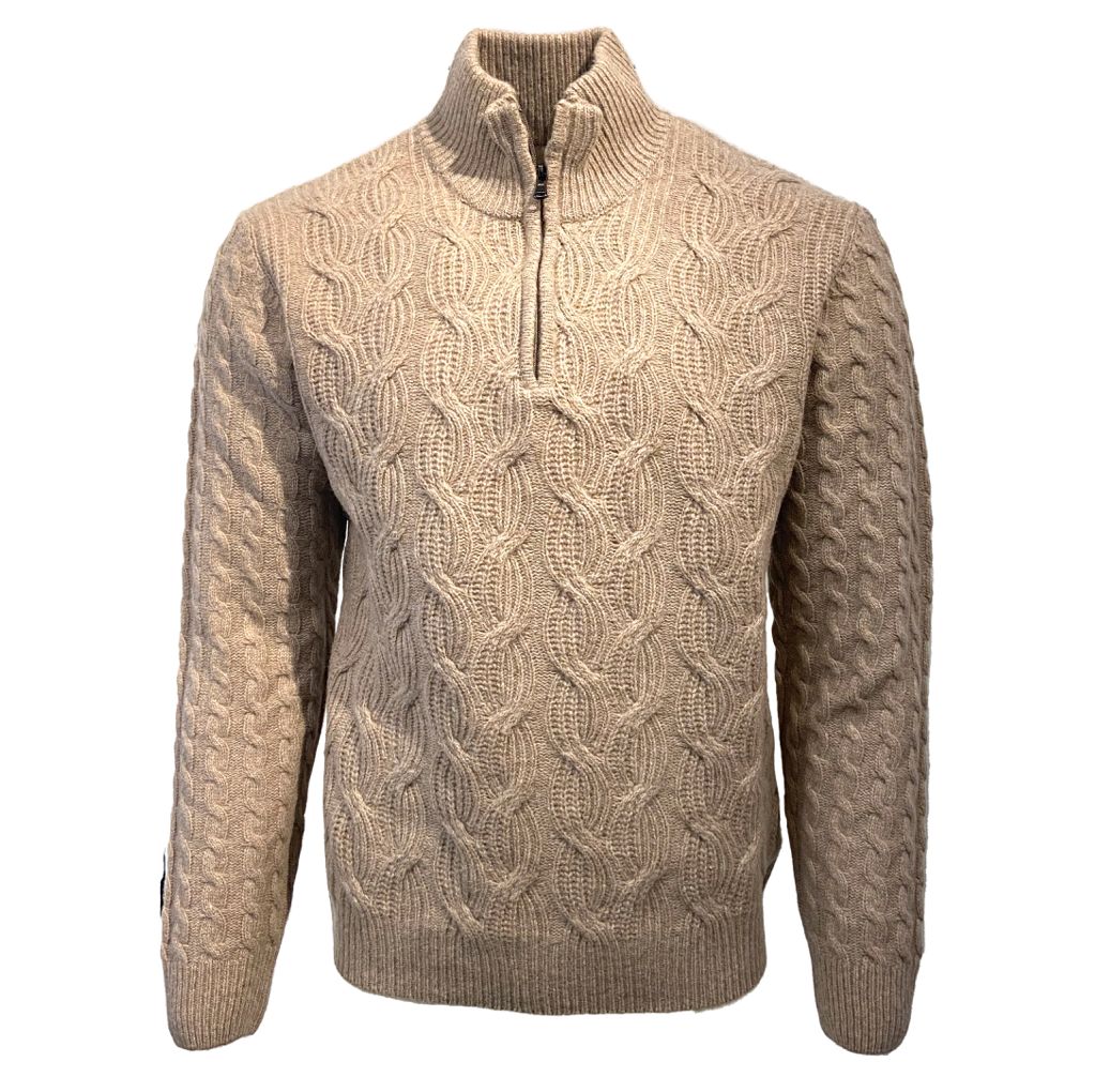 Italian-Made Quarter-Zip Rope Knit Wool Blend Sweater in Beige by Viye
