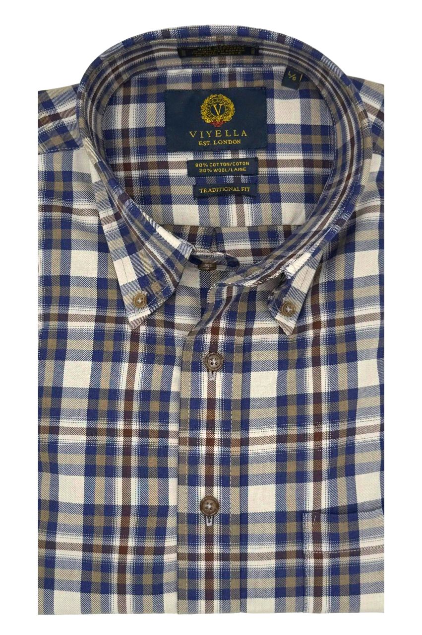 Navy, Taupe, and Brown Plaid Cotton and Wool Blend Button-Down Shirt (Tailored Fit) by Viyella