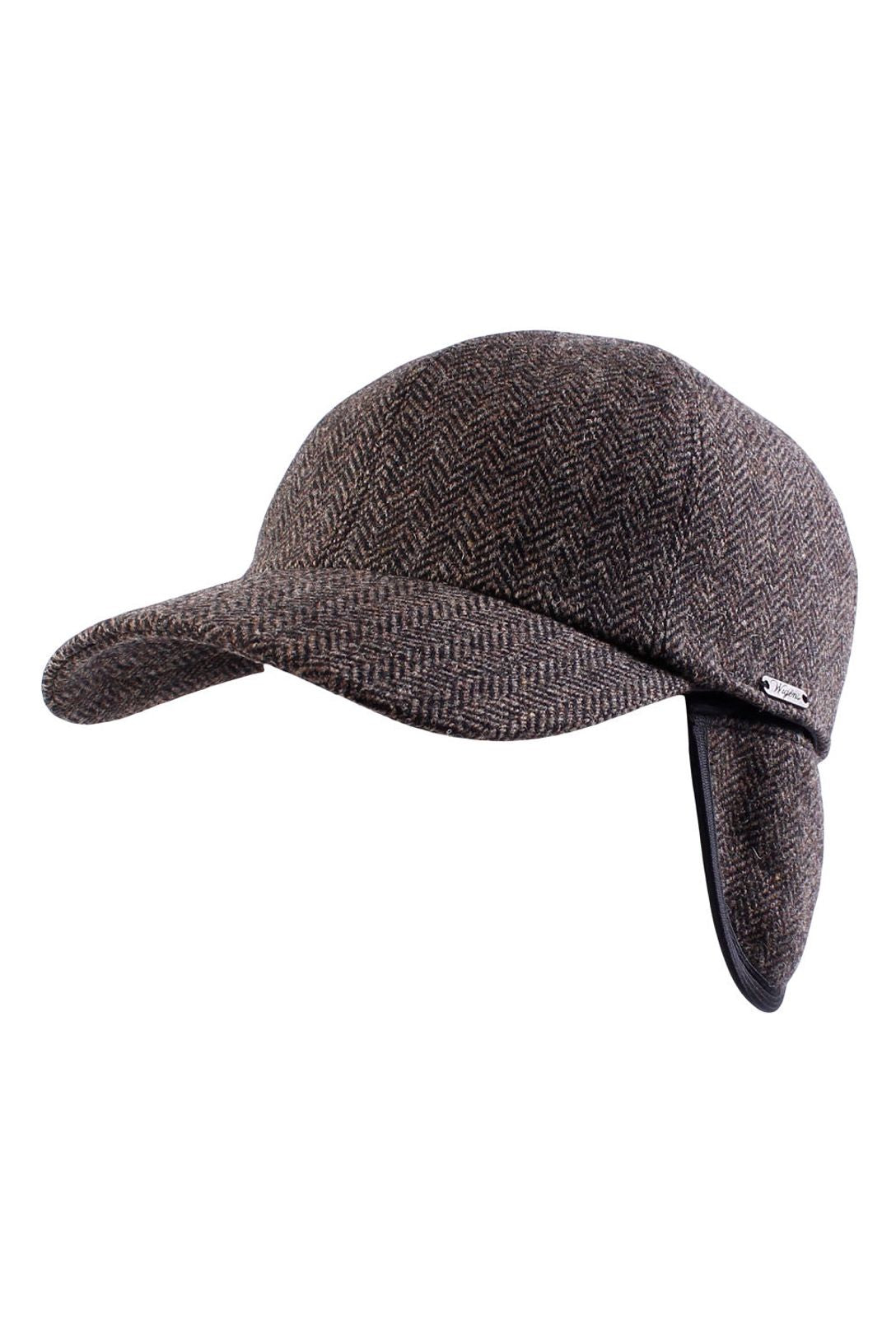 Herringbone Shetland Wool Baseball Cap with Earflaps in Dark Brown (Size 61) by Wigens