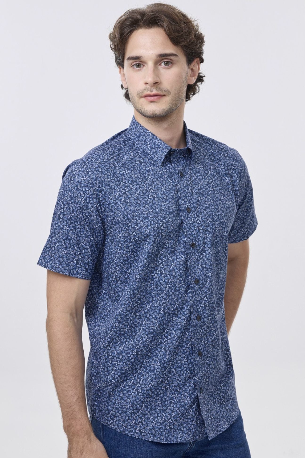 Navy and Blue Botanical Leaf Print Short Sleeve No-Iron Cotton Sport Shirt with Hidden Button Down Collar by Leo Chevalier