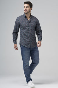 Navy, Sky, and Pink Mini Floral Print No-Iron Cotton Sport Shirt with Hidden Button Down Collar by Leo Chevalier