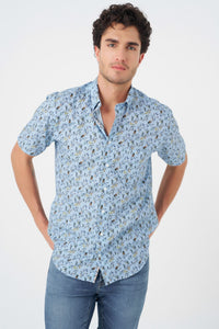 Light Blue Tropical Print Sleeve No-Iron Cotton Sport Shirt with Hidden Button Down Collar by Leo Chevalier