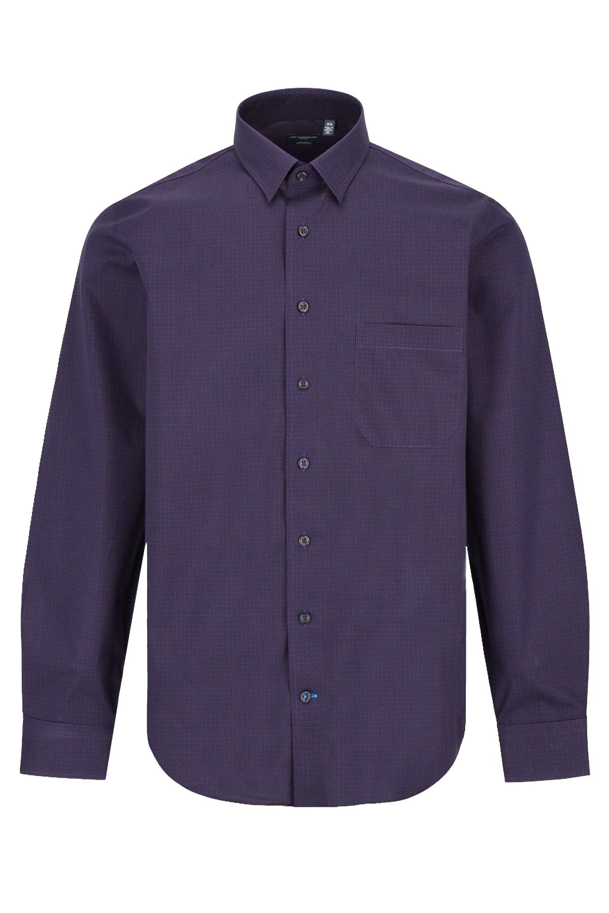 Tonal Plum Neat Geometric Cotton Sport Shirt with Hidden Button Down Collar by Leo Chevalier
