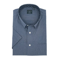 Grey Neat Print Short Sleeve No-Iron Cotton Sport Shirt with Hidden Button Down Collar by Leo Chevalier