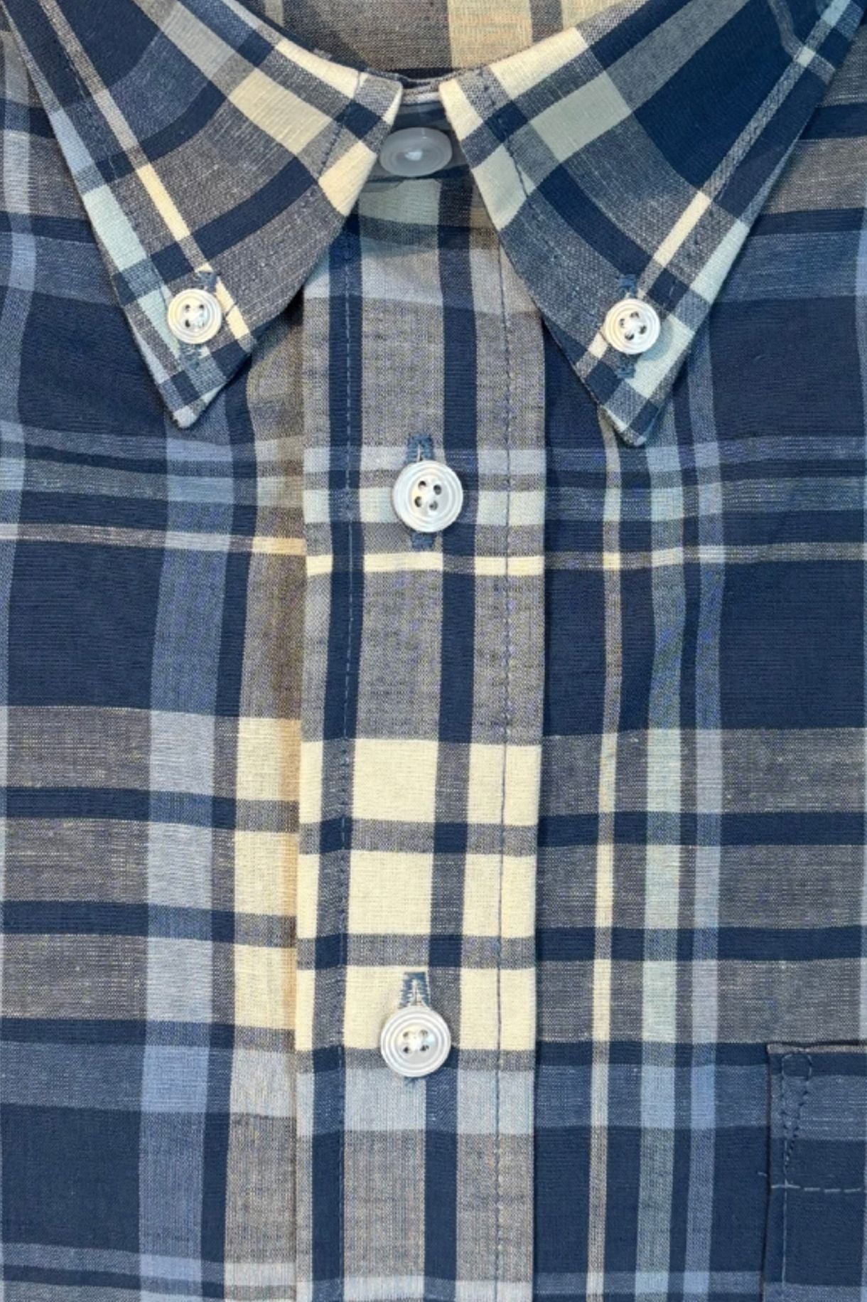 Dark Blue, Navy. and Butter Plaid Linen Long Sleeve Sport Shirt by Viyella