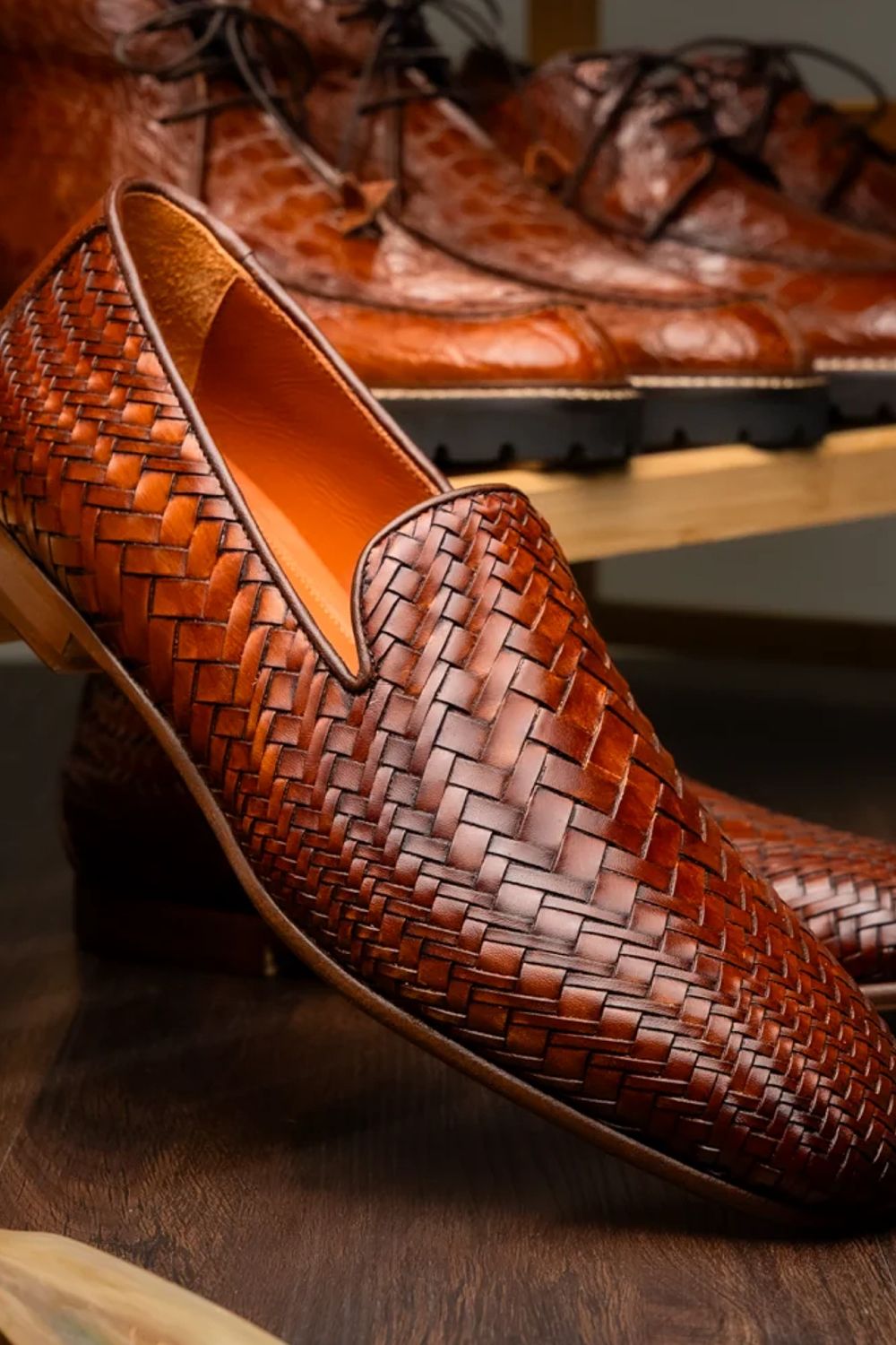 Rizzo Italian Calfskin Basketweave Loafer in Cognac by Zelli Italia