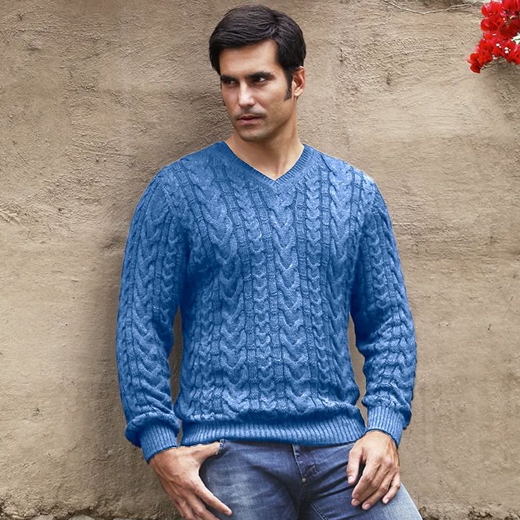 Baby Alpaca Cable Knit V-Neck Sweater (Choice of Colors) by Peru Unlimited