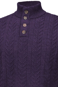 Royal Alpaca Cable Knit Button-Mock Sweater in Plum Heather by Peru Unlimited