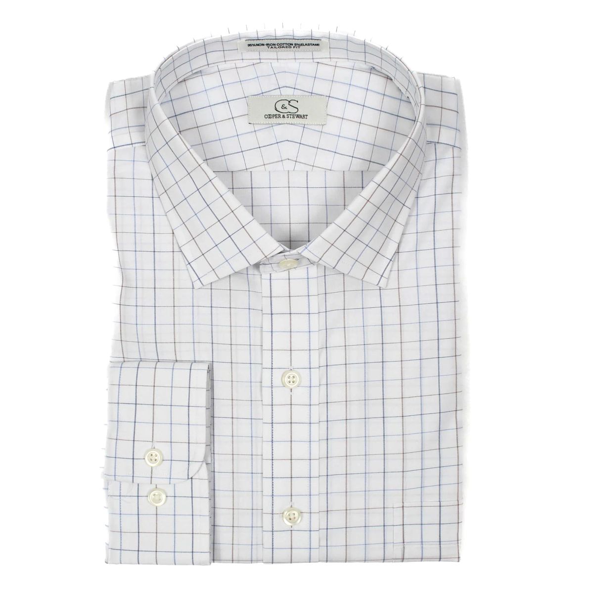 Blue and Tan Check Stretch Cotton Wrinkle-Free Dress Shirt with Spread Blue and Tan Check Stretch Cotton Wrinkle-Free Dress Shirt with Spread