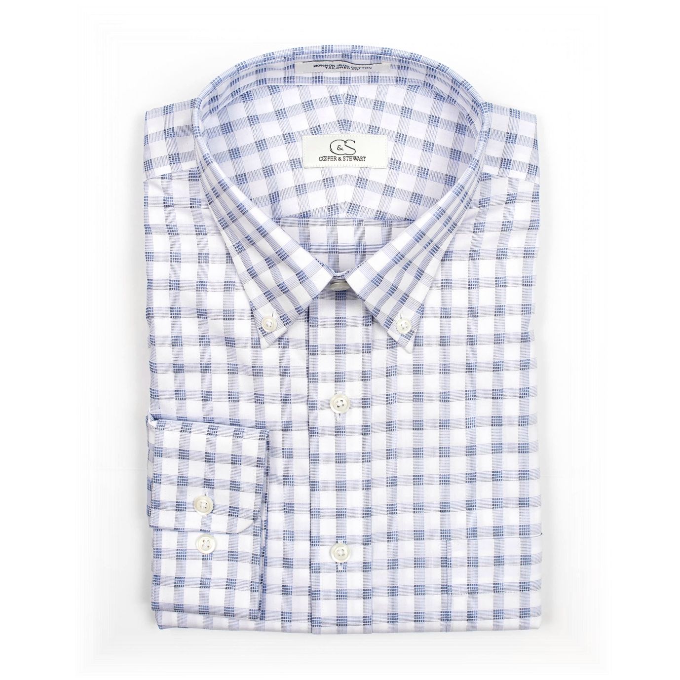 White and Blue Box Plaid Cotton Dress Shirt with Button-Down Collar by White and Blue Box Plaid Cotton Dress Shirt with Button-Down Collar by
