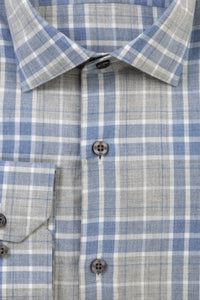 Weekend Heathered Windowpane Plaid Cotton Sport Shirt in Blue and Grey by Scott Barber