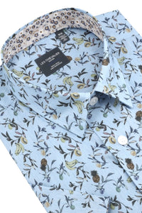 Light Blue Tropical Print Sleeve No-Iron Cotton Sport Shirt with Hidden Button Down Collar by Leo Chevalier