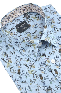Light Blue Tropical Print Sleeve No-Iron Cotton Sport Shirt with Hidden Button Down Collar by Leo Chevalier