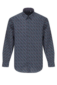 Navy, Sky, and Pink Mini Floral Print No-Iron Cotton Sport Shirt with Hidden Button Down Collar by Leo Chevalier