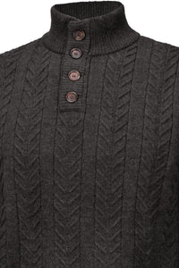Royal Alpaca Cable Knit Button-Mock Sweater in Charcoal Heather by Peru Unlimited