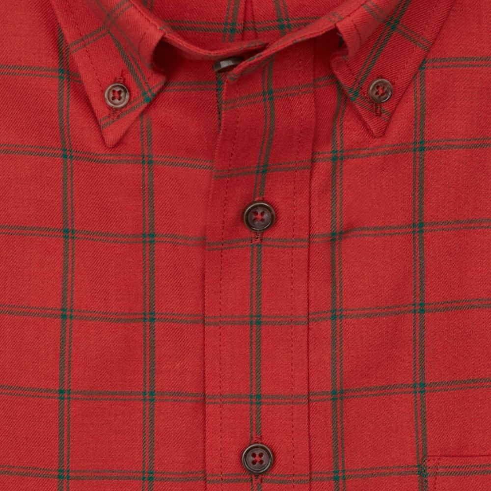 Red and Sage Green Plaid Cotton and Wool Blend Button-Down Shirt (TAILORED FIT) by Viyella