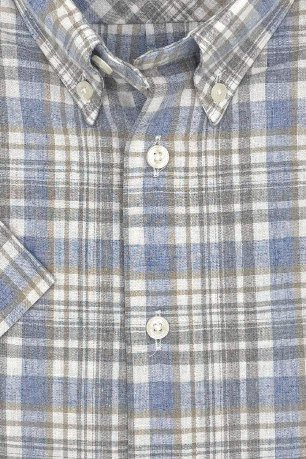 Blue, Grey, and Taupe Plaid Cotton and Linen Short Sleeve Sport Shirt by Viyella