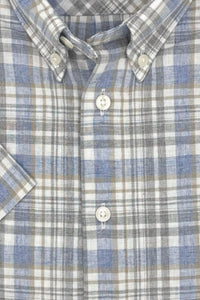 Blue, Grey, and Taupe Plaid Cotton and Linen Short Sleeve Sport Shirt by Viyella