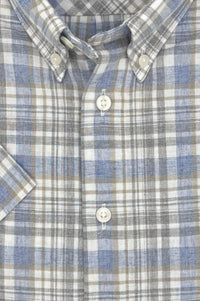 Blue, Grey, and Taupe Plaid Cotton and Linen Short Sleeve Sport Shirt by Viyella