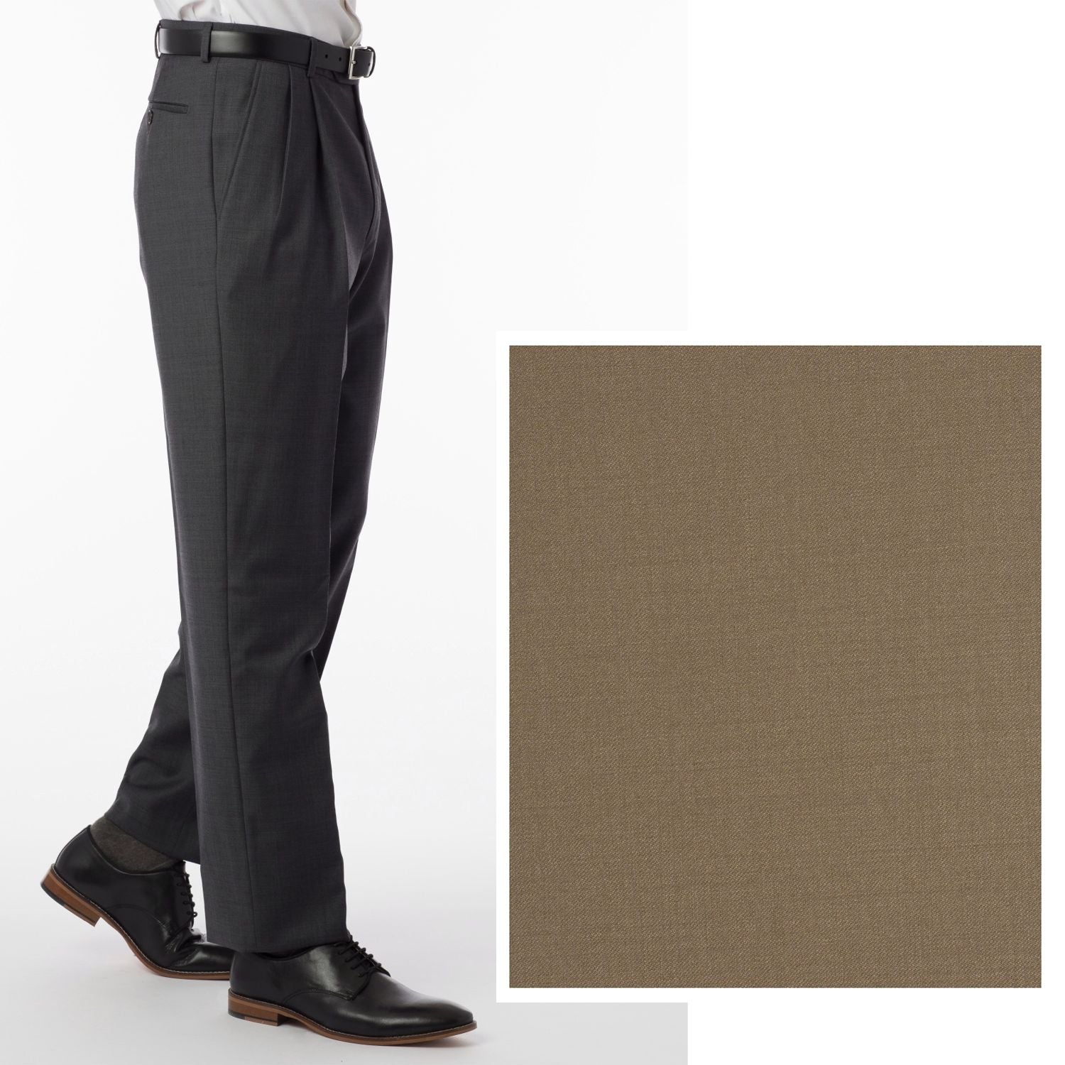 BIG FIT Super 120s Wool Gabardine Comfort-EZE Trouser in Tan (Manchester Pleated Model) by Ballin