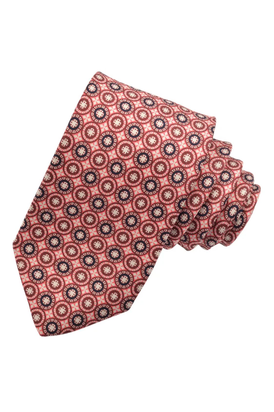 Burgundy, Rose, and Navy Circular Medallion Silk Printed Panama Tie by Dion Neckwear