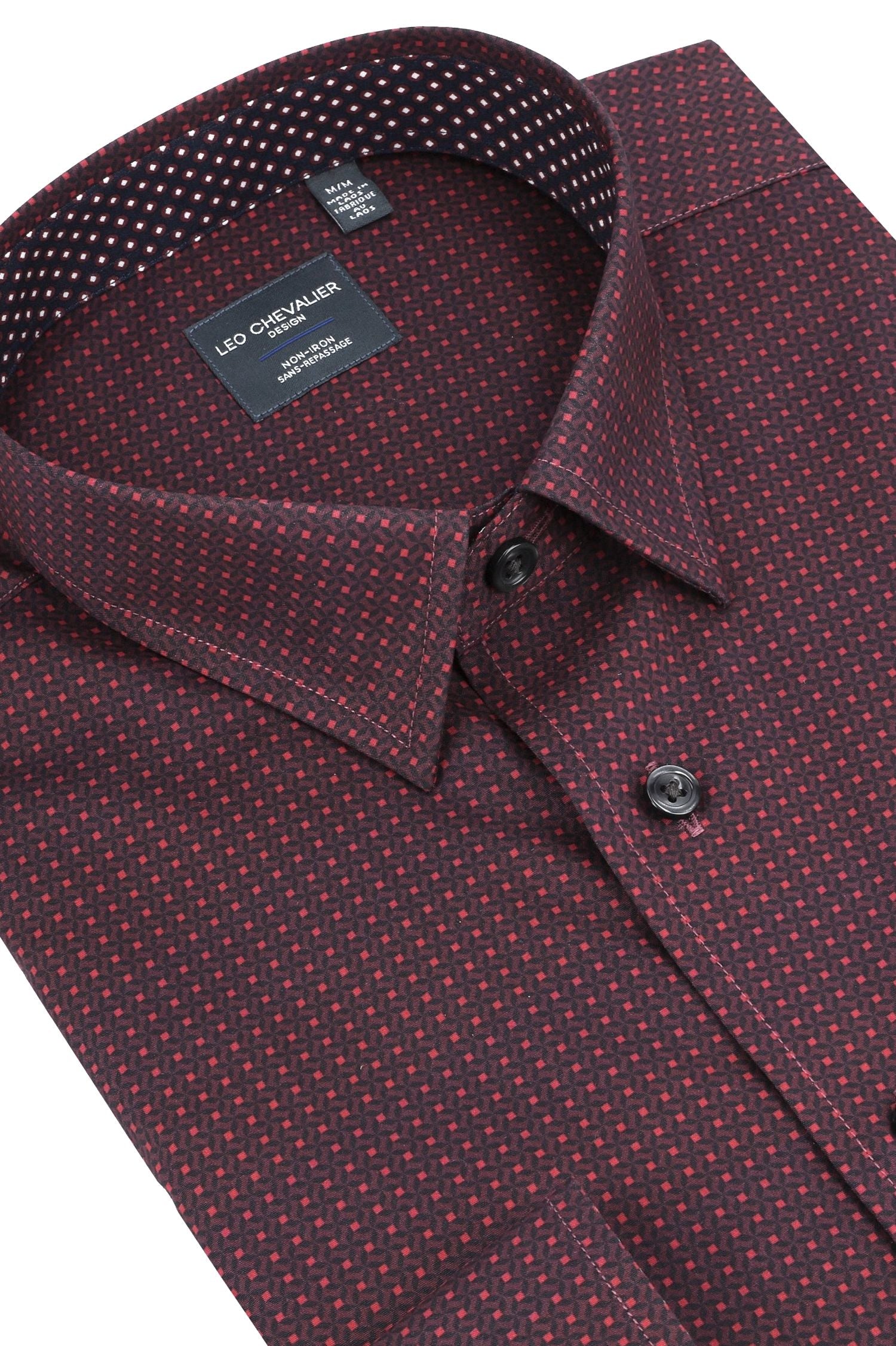 Burgundy, Black, and Wine Geometric Cotton Sport Shirt with Hidden Button Down Collar by Leo Chevalier