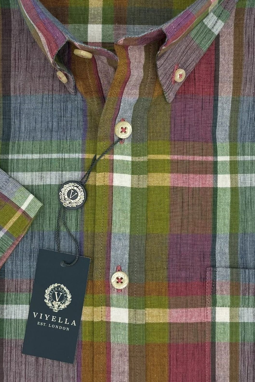 Cotton Madras Short Sleeve Cotton Sport Shirt in Signature Summer Multi Plaid by Viyella