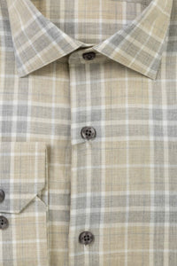 Weekend Heathered Windowpane Plaid Cotton Sport Shirt in Khaki and Grey by Scott Barber