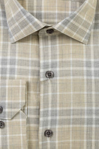 Weekend Heathered Windowpane Plaid Cotton Sport Shirt in Khaki and Grey by Scott Barber