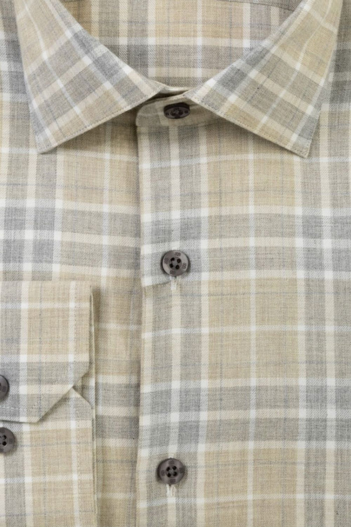 Weekend Heathered Windowpane Plaid Cotton Sport Shirt in Khaki and Grey by Scott Barber