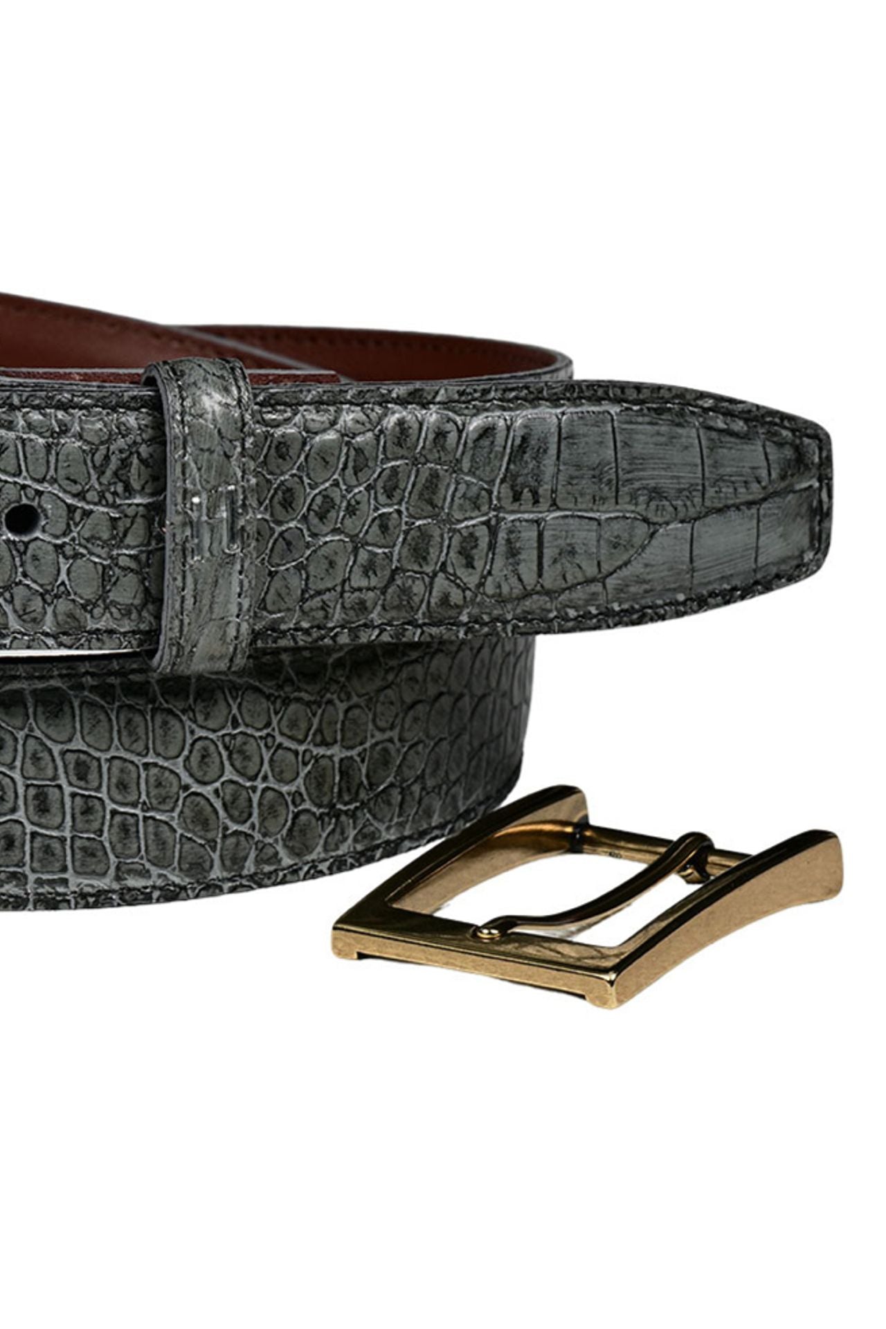 Alligator Grain Embossed Calfskin Belt with Interchangeable Buckles in Gator Grey by Torino Leather