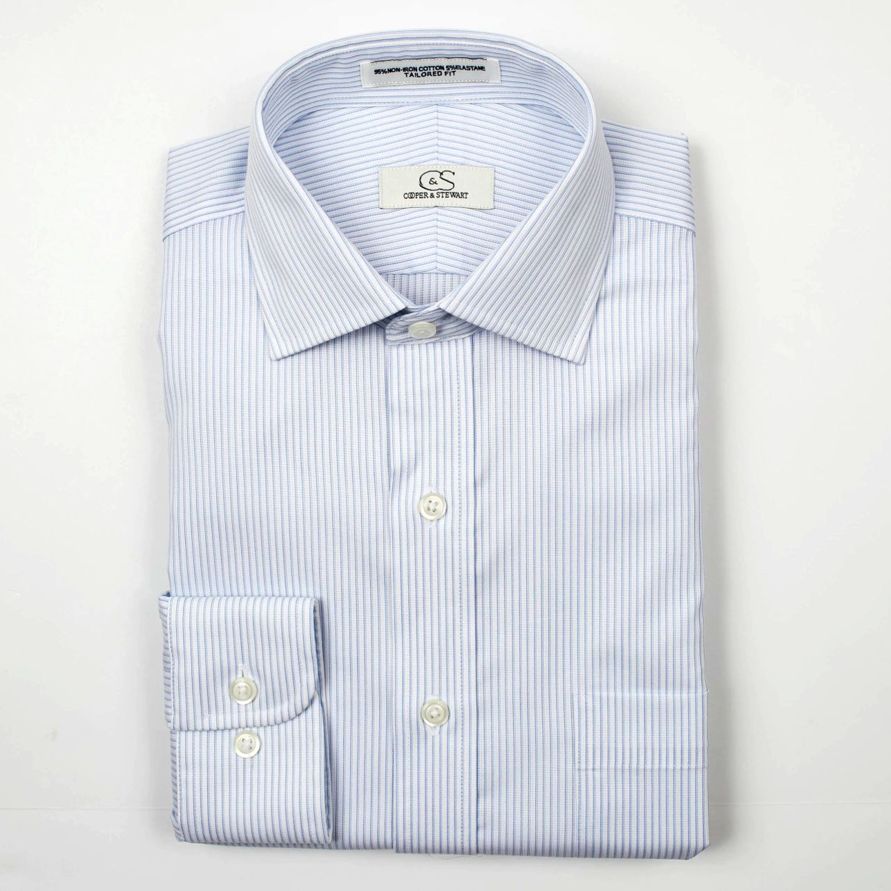 Blue Textured Stripe Wrinkle-Free Stretch Cotton Dress Shirt with Spread Collar by Cooper & Stewart