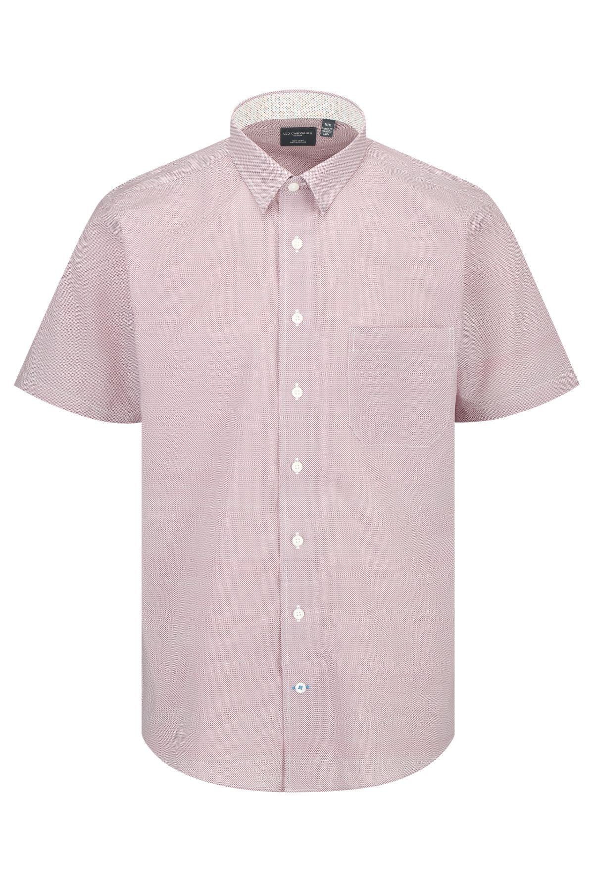 Red and White Micro Geometric Print Short Sleeve No-Iron Cotton Sport Shirt with Hidden Button Down Collar by Leo Chevalier