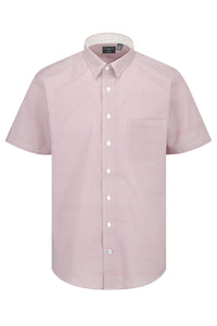 Red and White Micro Geometric Print Short Sleeve No-Iron Cotton Sport Shirt with Hidden Button Down Collar by Leo Chevalier