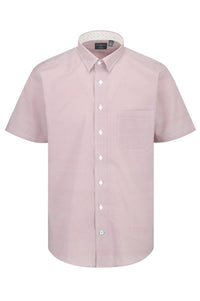 Red and White Micro Geometric Print Short Sleeve No-Iron Cotton Sport Shirt with Hidden Button Down Collar by Leo Chevalier