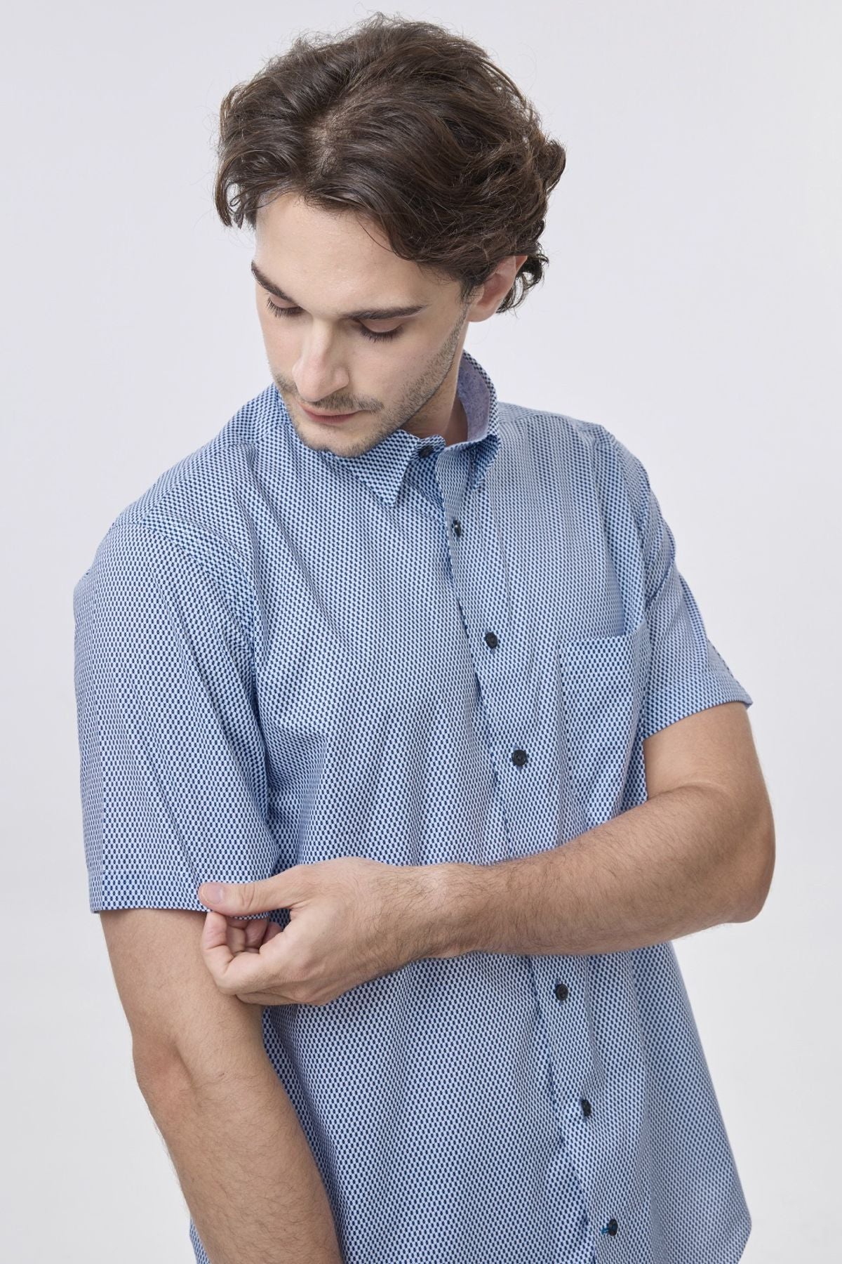 Blue and White Micro Geometric Print Short Sleeve No-Iron Cotton Sport Shirt with Hidden Button Down Collar by Leo Chevalier