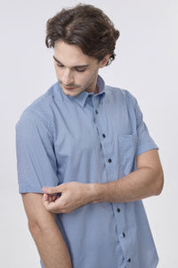 Blue and White Micro Geometric Print Short Sleeve No-Iron Cotton Sport Shirt with Hidden Button Down Collar by Leo Chevalier