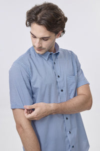 Blue and White Micro Geometric Print Short Sleeve No-Iron Cotton Sport Shirt with Hidden Button Down Collar by Leo Chevalier