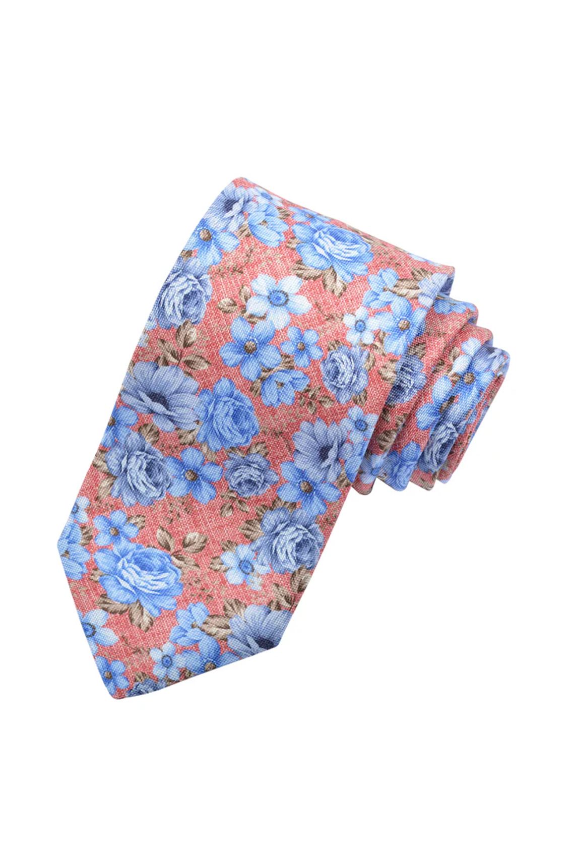 Berry, Truffle, and Sky Blooming Buds Silk Printed Panama Tie by Dion Neckwear