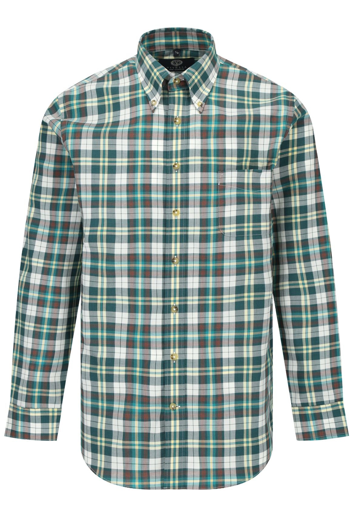 Summer Weight Green Multi Check Cotton and Wool Blend Button-Down Shirt by Viyella
