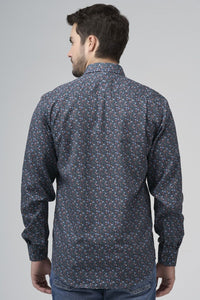 Navy, Sky, and Pink Mini Floral Print No-Iron Cotton Sport Shirt with Hidden Button Down Collar by Leo Chevalier