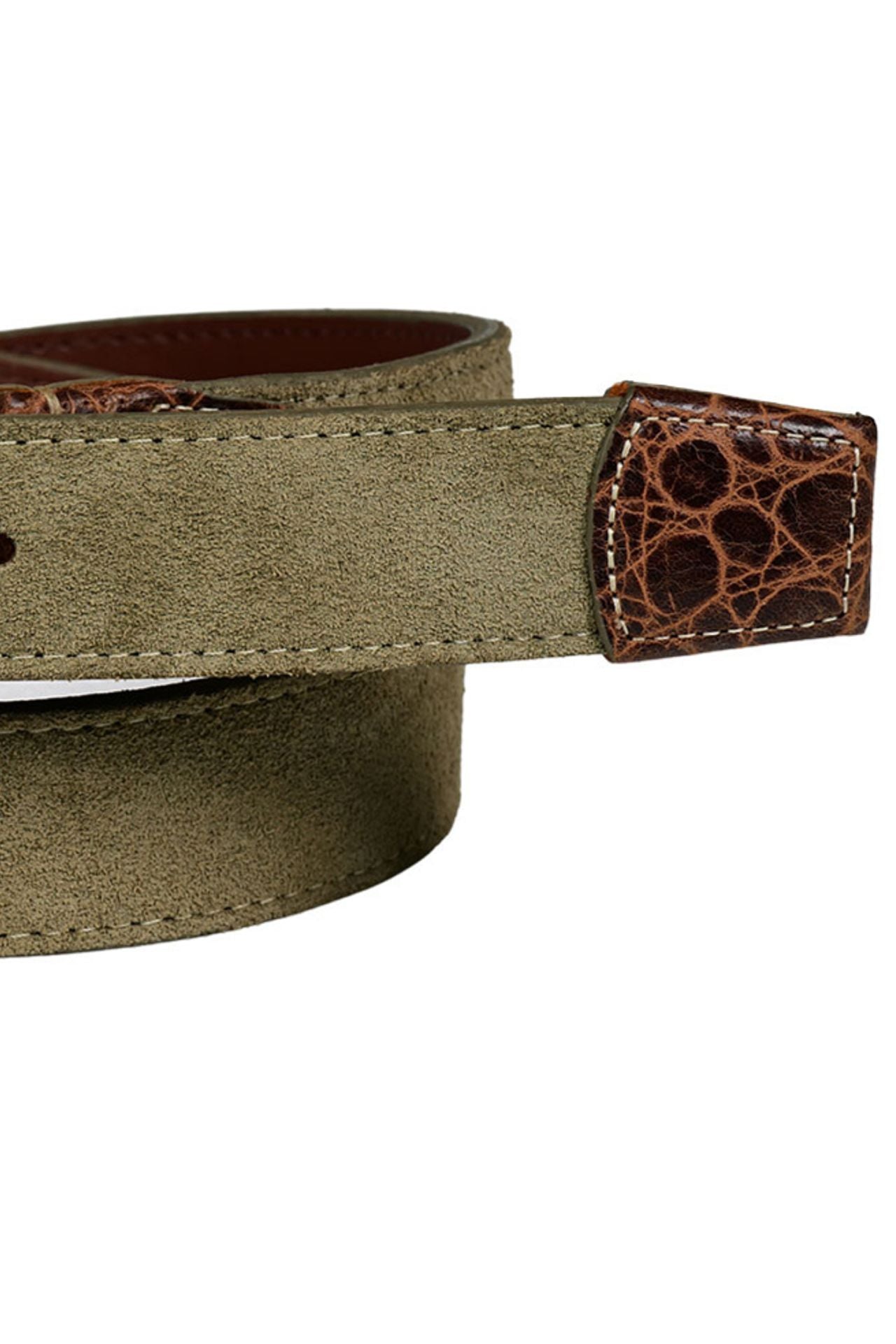 Sueded Calfskin Casual Belt with Crocodile-Embossed Calfskin Tabs in Light Olive by Torino Leather