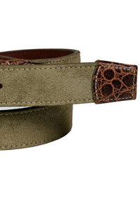 Sueded Calfskin Casual Belt with Crocodile-Embossed Calfskin Tabs in Light Olive by Torino Leather